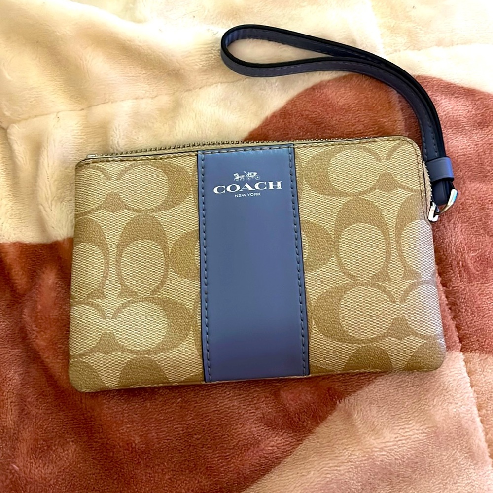 Two tone fabric and leather coach signature logo wristlet tan and purple